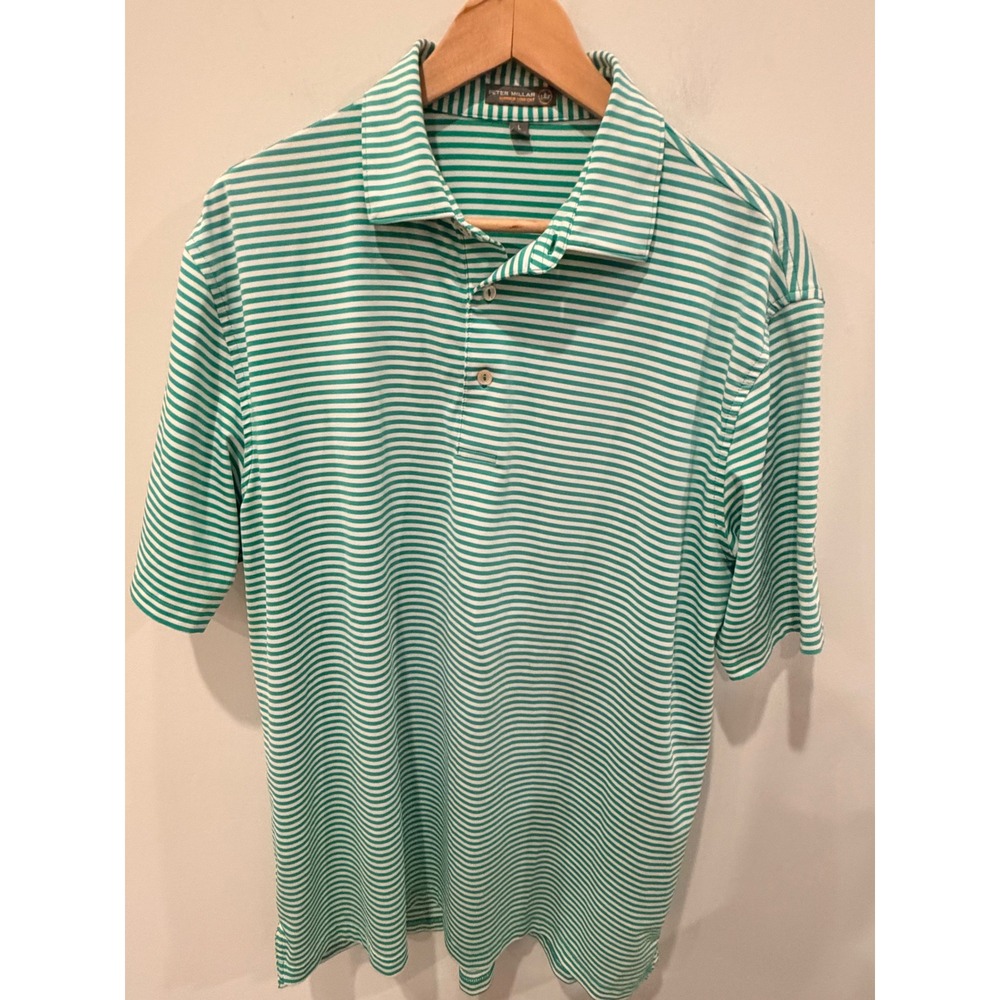 Peter Millar Summer Comfort Green White Striped Golf Polo Shirt Mens Large L